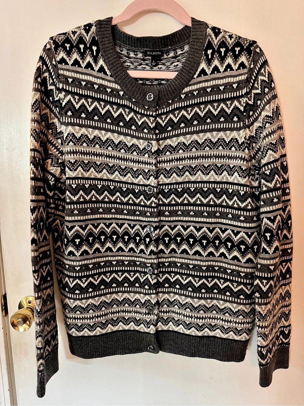 Talbots Fair Isle Button Front Cardigan Geometric Button Cardigan in Black &